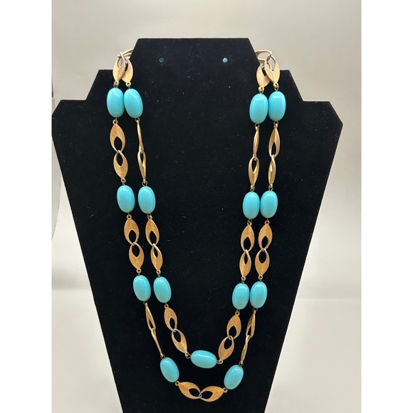 Unbranded Vintage Jewelry - VTG Double Strand Turquoise Blue Bead Gold Leaf Link Necklace 1960 Bakelite